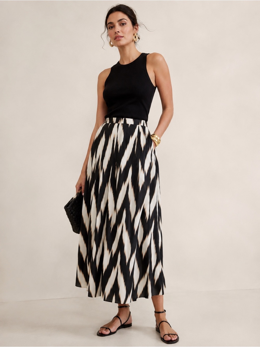 Banana Republic Linen Blend Pleated Midi Skirt Ikat Print Size 14 NWOT